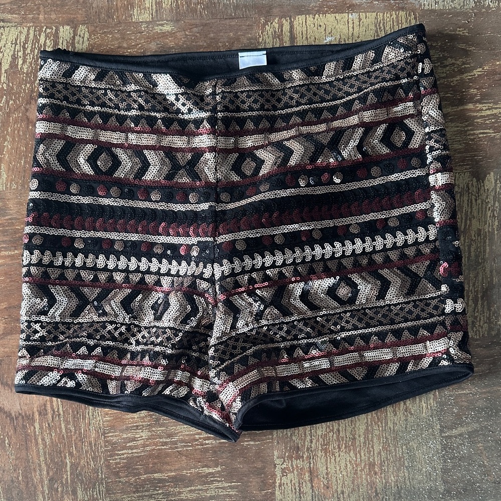 Sequin Black Red and Gold Geometric High Waist Shorts